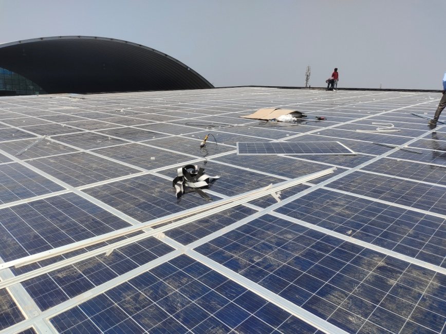Large industrial solar plant on factory sheds